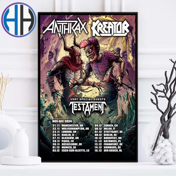 Anthrax And Kreator Very Special Guests Testament List Tour November And December 2024 Home Decor Poster Canvas