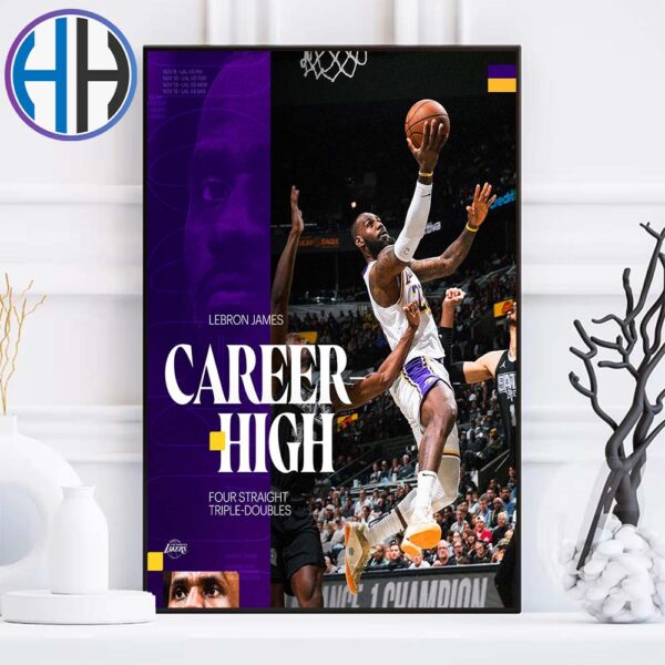 LeBron James Team Los Angeles Lakers Career-High Four Straight Triple-Doubles For The King Home Decor Poster Canvas